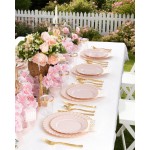 YOUBET 100PCS Pink Scalloped Plastic Plates - Heavy Duty Gold Disposable Fancy Hard Plates Include 50 Dinner Plate, 50 Dessert Plate, for Wedding & Party