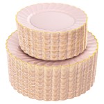 YOUBET 100PCS Pink Scalloped Plastic Plates - Heavy Duty Gold Disposable Fancy Hard Plates Include 50 Dinner Plate, 50 Dessert Plate, for Wedding & Party
