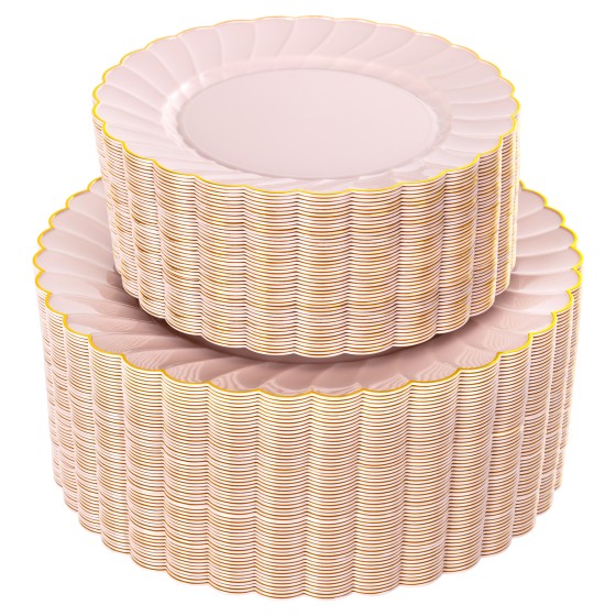 YOUBET 100PCS Pink Scalloped Plastic Plates - Heavy Duty Gold Disposable Fancy Hard Plates Include 50 Dinner Plate, 50 Dessert Plate, for Wedding & Party
