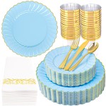 175PCS Blue Scalloped Plastic Plates - Light Blue Disposable Dinnerware Set Include 50 Plates, 75 Gold Silverware, 25 Cups, 25 Napkins for Party & Wedding & Baby Shower