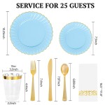 175PCS Blue Scalloped Plastic Plates - Light Blue Disposable Dinnerware Set Include 50 Plates, 75 Gold Silverware, 25 Cups, 25 Napkins for Party & Wedding & Baby Shower