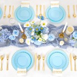 175PCS Blue Scalloped Plastic Plates - Light Blue Disposable Dinnerware Set Include 50 Plates, 75 Gold Silverware, 25 Cups, 25 Napkins for Party & Wedding & Baby Shower