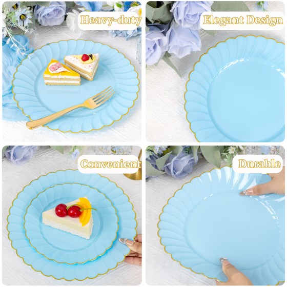 175PCS Blue Scalloped Plastic Plates - Light Blue Disposable Dinnerware Set Include 50 Plates, 75 Gold Silverware, 25 Cups, 25 Napkins for Party & Wedding & Baby Shower