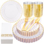 175PCS Gold Scalloped Plastic Plates - Clear and Gold Disposable Dinnerware Set Include 50 Plates, 75 Gold Silverware, 25 Cups, 25 Napkins for Party & Wedding