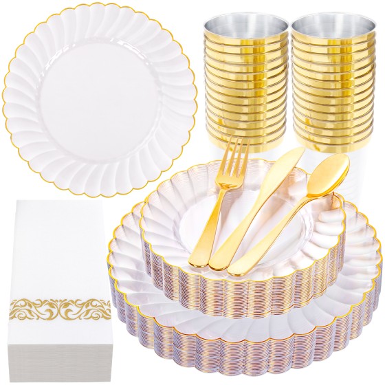 175PCS Gold Scalloped Plastic Plates - Clear and Gold Disposable Dinnerware Set Include 50 Plates, 75 Gold Silverware, 25 Cups, 25 Napkins for Party & Wedding