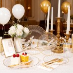 175PCS Gold Scalloped Plastic Plates - Clear and Gold Disposable Dinnerware Set Include 50 Plates, 75 Gold Silverware, 25 Cups, 25 Napkins for Party & Wedding