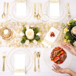 175PCS Gold Scalloped Plastic Plates - Clear and Gold Disposable Dinnerware Set Include 50 Plates, 75 Gold Silverware, 25 Cups, 25 Napkins for Party & Wedding