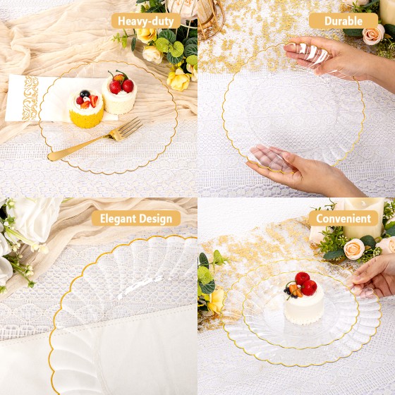 175PCS Gold Scalloped Plastic Plates - Clear and Gold Disposable Dinnerware Set Include 50 Plates, 75 Gold Silverware, 25 Cups, 25 Napkins for Party & Wedding