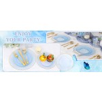 175PCS Clear Blue Scalloped Plastic Plates - Blue and Gold Disposable Dinnerware Set Include 50 Plates, 75 Gold Silverware, 25 Cups, 25 Napkins for Party & Wedding & Baby Shower
