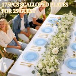 175PCS Clear Blue Scalloped Plastic Plates - Blue and Gold Disposable Dinnerware Set Include 50 Plates, 75 Gold Silverware, 25 Cups, 25 Napkins for Party & Wedding & Baby Shower