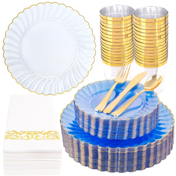 175PCS Clear Blue Scalloped Plastic Plates - Blue and Gold Disposable Dinnerware Set Include 50 Plates, 75 Gold Silverware, 25 Cups, 25 Napkins for Party & Wedding & Baby Shower