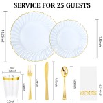 175PCS Clear Blue Scalloped Plastic Plates - Blue and Gold Disposable Dinnerware Set Include 50 Plates, 75 Gold Silverware, 25 Cups, 25 Napkins for Party & Wedding & Baby Shower