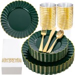 175PCS Green Scalloped Plastic Plates - Green and Gold Disposable Dinnerware Set Include 50 Plates, 75 Gold Silverware, 25 Cups, 25 Napkins for Party & Wedding