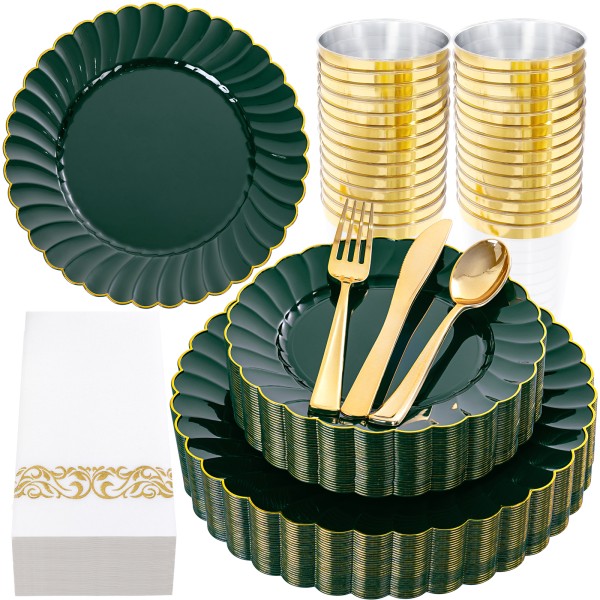 175PCS Green Scalloped Plastic Plates - Green and Gold Disposable Dinnerware Set Include 50 Plates, 75 Gold Silverware, 25 Cups, 25 Napkins for Party & Wedding