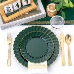 175PCS Green Scalloped Plastic Plates - Green and Gold Disposable Dinnerware Set Include 50 Plates, 75 Gold Silverware, 25 Cups, 25 Napkins for Party & Wedding