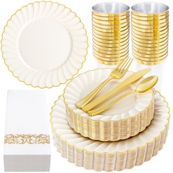 175PCS Ivory Scalloped Plastic Plates - Gold Disposable Dinnerware Set Include 50 Plates, 75 Gold Silverware, 25 Cups, 25 Napkins for Party & Wedding