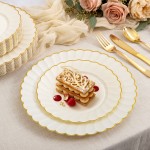 175PCS Ivory Scalloped Plastic Plates - Gold Disposable Dinnerware Set Include 50 Plates, 75 Gold Silverware, 25 Cups, 25 Napkins for Party & Wedding