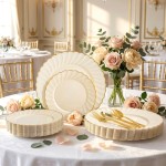 175PCS Ivory Scalloped Plastic Plates - Gold Disposable Dinnerware Set Include 50 Plates, 75 Gold Silverware, 25 Cups, 25 Napkins for Party & Wedding