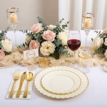 175PCS Ivory Scalloped Plastic Plates - Gold Disposable Dinnerware Set Include 50 Plates, 75 Gold Silverware, 25 Cups, 25 Napkins for Party & Wedding