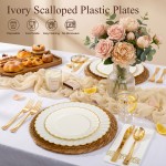 175PCS Ivory Scalloped Plastic Plates - Gold Disposable Dinnerware Set Include 50 Plates, 75 Gold Silverware, 25 Cups, 25 Napkins for Party & Wedding