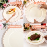 175PCS Ivory Scalloped Plastic Plates - Rose Gold Disposable Dinnerware Set Include 50 Plates, 75 Rose Gold Silverware, 25 Cups, 25 Napkins for Party & Wedding & Baby Shower