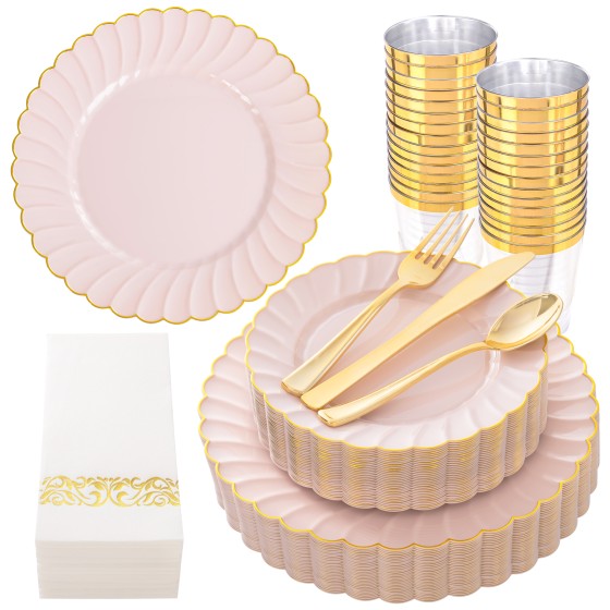 175PCS Pink Scalloped Plastic Plates - Gold Disposable Dinnerware Set Include 50 Plates, 75 Gold Silverware, 25 Cups, 25 Napkins for Party & Wedding & Baby Shower Mothers Day