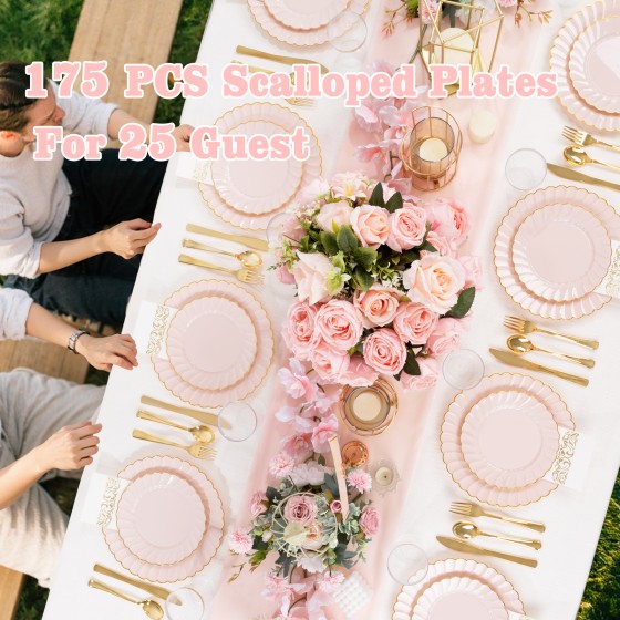 175PCS Pink Scalloped Plastic Plates - Gold Disposable Dinnerware Set Include 50 Plates, 75 Gold Silverware, 25 Cups, 25 Napkins for Party & Wedding & Baby Shower Mothers Day
