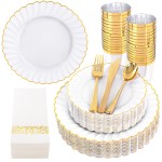 175PCS Gold Scalloped Plastic Plates - White and Gold Disposable Dinnerware Set Include 50 Plates, 75 Gold Silverware, 25 Cups, 25 Napkins for Party & Wedding