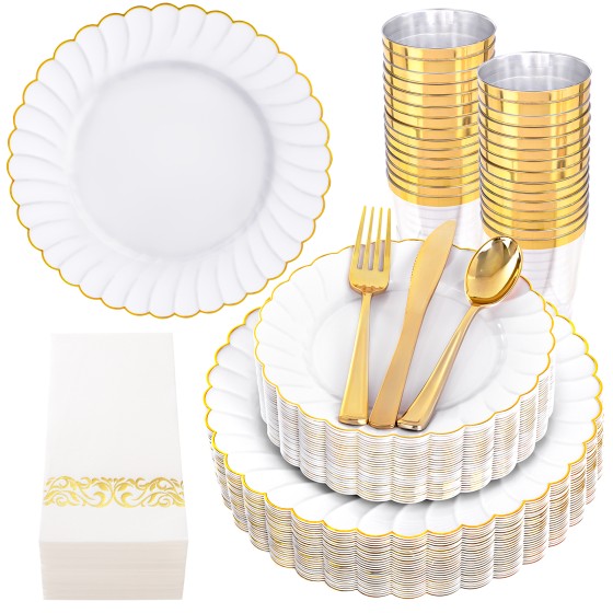 175PCS Gold Scalloped Plastic Plates - White and Gold Disposable Dinnerware Set Include 50 Plates, 75 Gold Silverware, 25 Cups, 25 Napkins for Party & Wedding