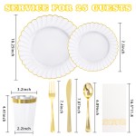 175PCS Gold Scalloped Plastic Plates - White and Gold Disposable Dinnerware Set Include 50 Plates, 75 Gold Silverware, 25 Cups, 25 Napkins for Party & Wedding