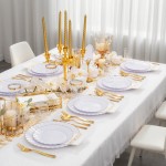 175PCS Gold Scalloped Plastic Plates - White and Gold Disposable Dinnerware Set Include 50 Plates, 75 Gold Silverware, 25 Cups, 25 Napkins for Party & Wedding
