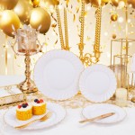 175PCS Gold Scalloped Plastic Plates - White and Gold Disposable Dinnerware Set Include 50 Plates, 75 Gold Silverware, 25 Cups, 25 Napkins for Party & Wedding
