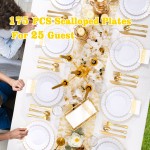 175PCS Gold Scalloped Plastic Plates - White and Gold Disposable Dinnerware Set Include 50 Plates, 75 Gold Silverware, 25 Cups, 25 Napkins for Party & Wedding