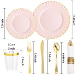 350PCS Pink Scalloped Plastic Plates - Pink and Gold Disposable Dinnerware Set Include 100 Plates, 150 Gold Silverware, 50 Cups, 50 Napkins for Wedding & Party Mothers Day