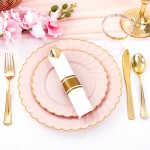 350PCS Pink Scalloped Plastic Plates - Pink and Gold Disposable Dinnerware Set Include 100 Plates, 150 Gold Silverware, 50 Cups, 50 Napkins for Wedding & Party Mothers Day