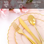 350PCS Pink Scalloped Plastic Plates - Pink and Gold Disposable Dinnerware Set Include 100 Plates, 150 Gold Silverware, 50 Cups, 50 Napkins for Wedding & Party Mothers Day