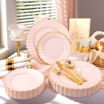 350PCS Pink Scalloped Plastic Plates - Pink and Gold Disposable Dinnerware Set Include 100 Plates, 150 Gold Silverware, 50 Cups, 50 Napkins for Wedding & Party Mothers Day