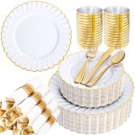350PCS Gold Scalloped Plastic Plates - White and Gold Disposable Dinnerware Set Include 100 Plates, 150 Gold Silverware, 50 Cups, 50 Napkins for Wedding Party