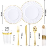 350PCS Gold Scalloped Plastic Plates - White and Gold Disposable Dinnerware Set Include 100 Plates, 150 Gold Silverware, 50 Cups, 50 Napkins for Wedding Party