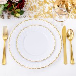 350PCS Gold Scalloped Plastic Plates - White and Gold Disposable Dinnerware Set Include 100 Plates, 150 Gold Silverware, 50 Cups, 50 Napkins for Wedding Party