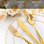 350PCS Gold Scalloped Plastic Plates - White and Gold Disposable Dinnerware Set Include 100 Plates, 150 Gold Silverware, 50 Cups, 50 Napkins for Wedding Party