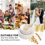 350PCS Gold Scalloped Plastic Plates - White and Gold Disposable Dinnerware Set Include 100 Plates, 150 Gold Silverware, 50 Cups, 50 Napkins for Wedding Party