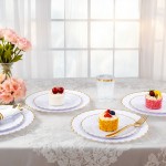 350PCS Gold Scalloped Plastic Plates - White and Gold Disposable Dinnerware Set Include 100 Plates, 150 Gold Silverware, 50 Cups, 50 Napkins for Wedding Party