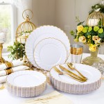 350PCS Gold Scalloped Plastic Plates - White and Gold Disposable Dinnerware Set Include 100 Plates, 150 Gold Silverware, 50 Cups, 50 Napkins for Wedding Party