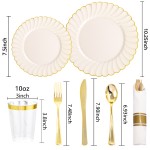 350PCS Ivory Scalloped Plastic Plates - Ivory and Gold Disposable Dinnerware Set Include 100 Plates, 150 Gold Silverware, 50 Cups, 50 Napkins for Wedding & Party