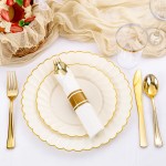 350PCS Ivory Scalloped Plastic Plates - Ivory and Gold Disposable Dinnerware Set Include 100 Plates, 150 Gold Silverware, 50 Cups, 50 Napkins for Wedding & Party