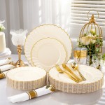 350PCS Ivory Scalloped Plastic Plates - Ivory and Gold Disposable Dinnerware Set Include 100 Plates, 150 Gold Silverware, 50 Cups, 50 Napkins for Wedding & Party