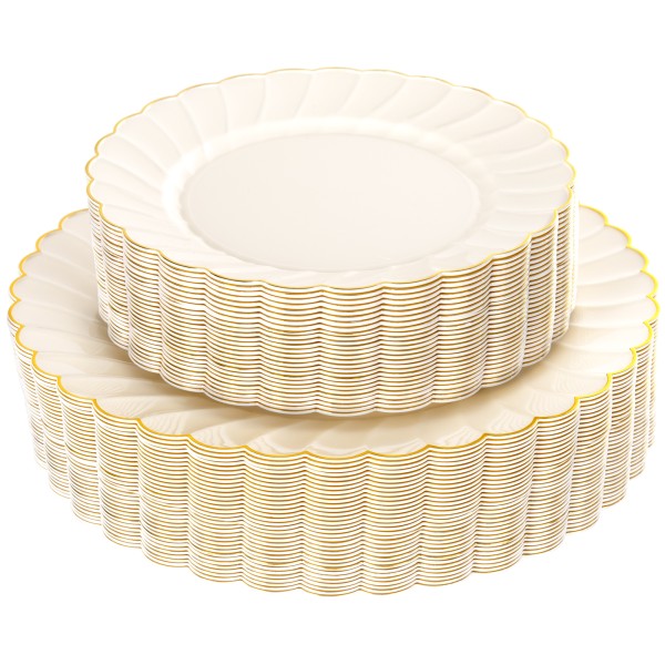 YOUBET 60PCS Ivory Scalloped Plastic Plates - Hard Craem and Gold Fancy Disposable Plates include 30 Gold Dinner Plate, 30 Dessert Plate for Wedding Party