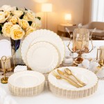 YOUBET 60PCS Ivory Scalloped Plastic Plates - Hard Craem and Gold Fancy Disposable Plates include 30 Gold Dinner Plate, 30 Dessert Plate for Wedding Party