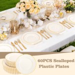 YOUBET 60PCS Ivory Scalloped Plastic Plates - Hard Craem and Gold Fancy Disposable Plates include 30 Gold Dinner Plate, 30 Dessert Plate for Wedding Party